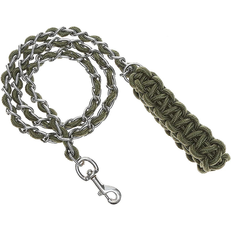 Benepaw  Heavy Duty Metal Chain Dog Leash Soft Anti Bite Nylon Braided Handle Pet Lead Training Rope Leads For Medium Big Dogs