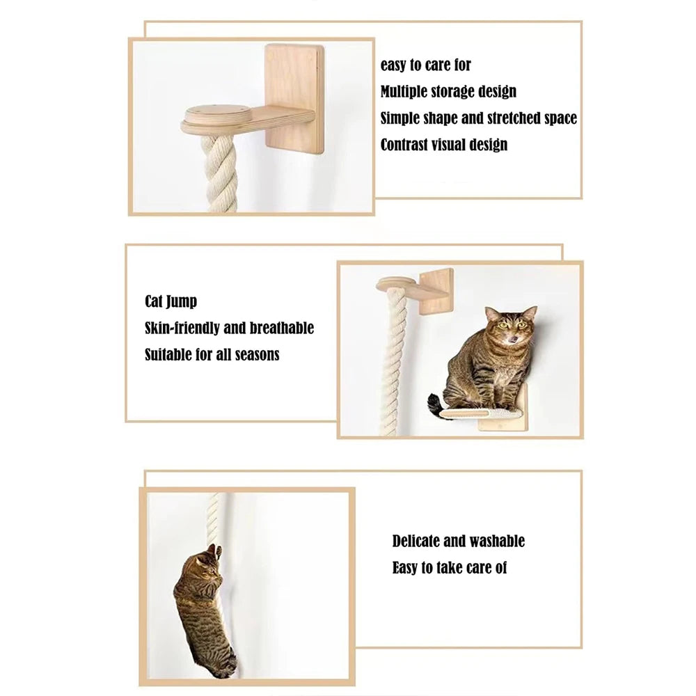 Cat Climbing Shelf and Rope Tree Wall Mounted Scratching Post Sisal Rope Lounging Interactive Play Toys Gym for Indoor Cats